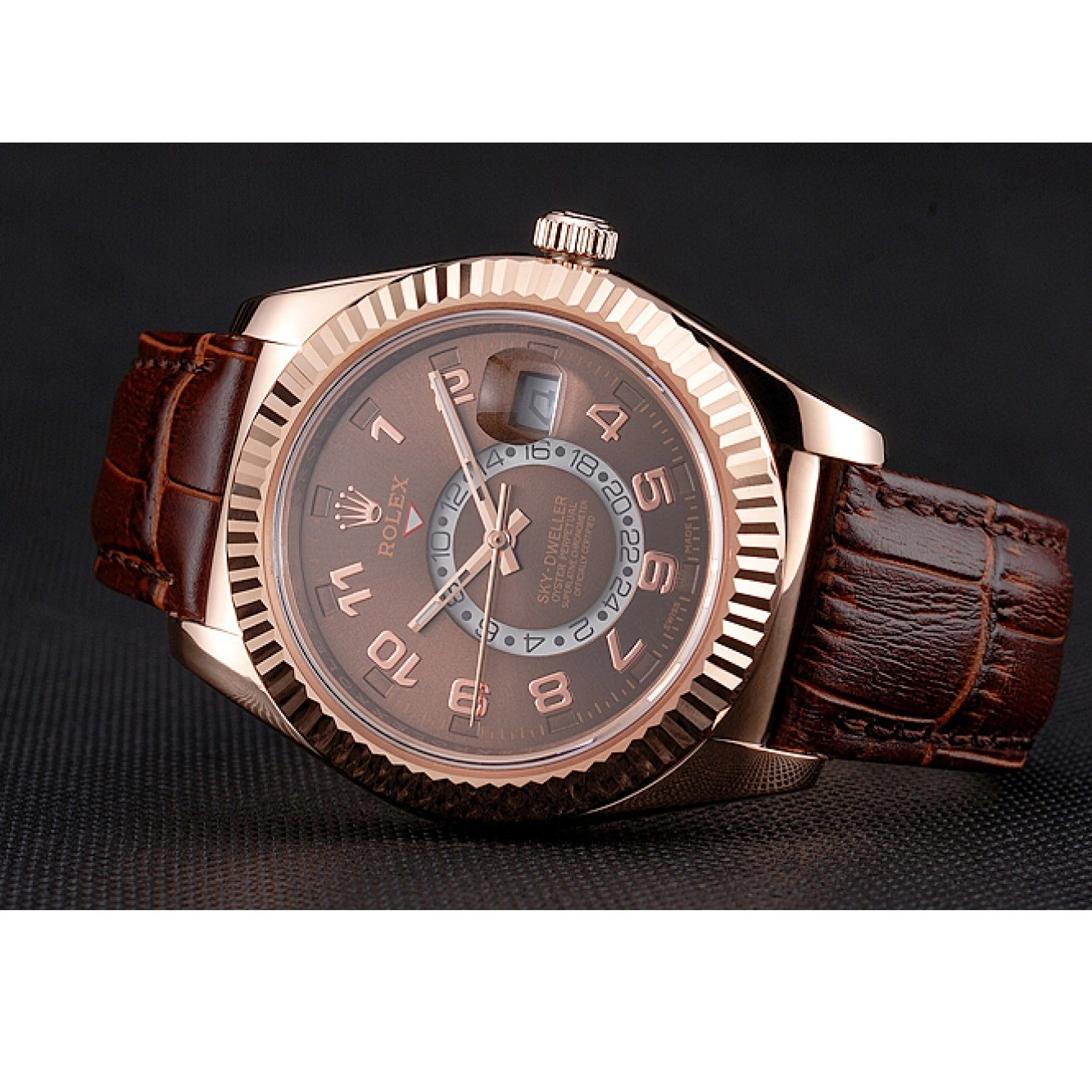 Aaa replica watch Dweller Strap Brown Sky Case Gold Dial Rose Rolex Leather Brown 0730